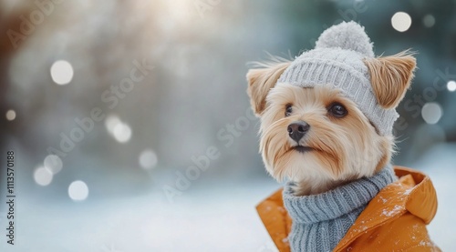 Cute dog dressed in warm sweater enjoying a snowy winter day outdoors