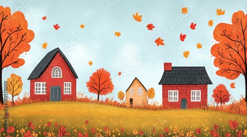 Cozy house surrounded by colorful autumn trees in a serene countryside setting
