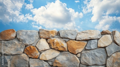 Stone wall displays an uneven surface against a backdrop of clouds in a blue sky, creating a striking contrast. The stone walls texture and the skys color complement each other.