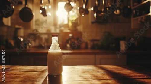 Vintage milk bottle placed on wooden table in a cozy kitchen during late afte...