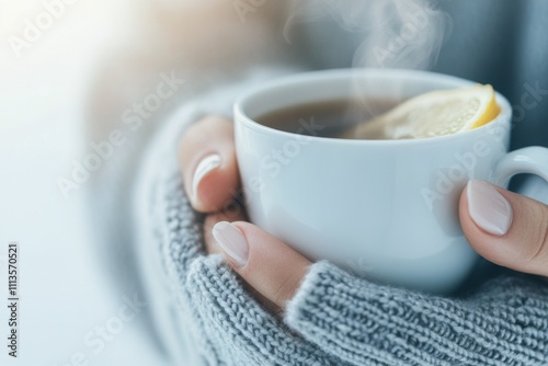 Warm drink in cozy hands during cold weather with lemon slice on top