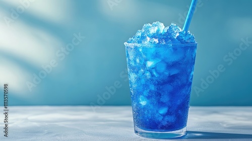 A refreshing blue slushie with textured ice captures attention, its vibrant blue drink visible in a clear container placed on the table, perfect for a cool treat.