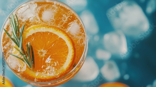 Close-up image of a refreshing orange cocktail, adorned with slices of orange and rosemary, served over crushed ice, perfect for a vibrant drink presentation with ample copy space. photo