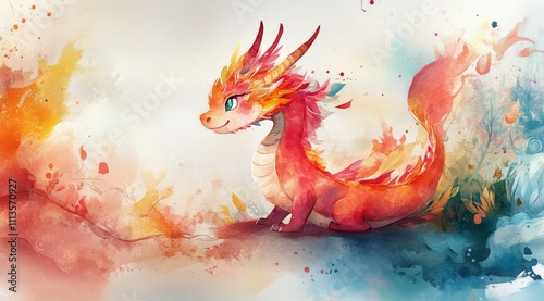 Colorful dragon character in a whimsical artistic landscape during a fantasy ...