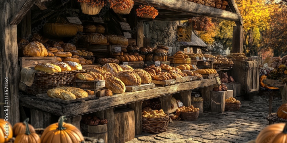 Cozy autumn market stall showcasing an array of fresh baked goods, rustic wooden tables filled with breads, pastries, and seasonal decor in golden light Cozy autumn market stall showcasing an array of fresh baked goods, rustic wooden tables filled with breads, pastries, and seasonal decor in golden light