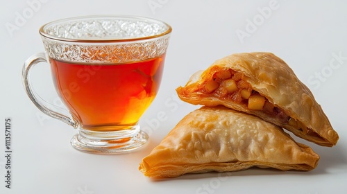 Turkish tea is presented in a glass cup alongside a delicious Gozleme filled with potato, all against a clean white background, offering a perfect photo style with ample copy space.
