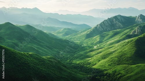 Lush green mountain valleys create a captivating landscape of tranquility and beauty. This image captures the essence of serene mountain valleys in vibrant shades of green with ample copy space.