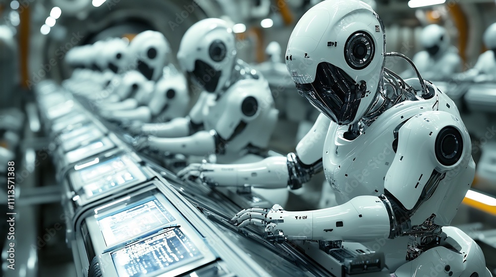 Robotic Arm Assembly Line in Futuristic Factory Robotic Arm Assembly Line in Futuristic Factory