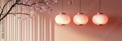 Soft pink lanterns hang gracefully among cherry blossoms in a serene setting