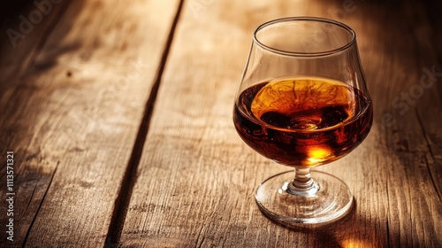 Close-up of a glass of cognac on a wooden background, highlighting the rich colors and textures of cognac, with ample space for design or text integration.