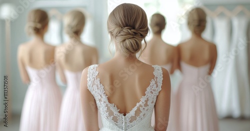 Stunning bride stands with bridesmaids in soft pastel dresses in a bridal sho...