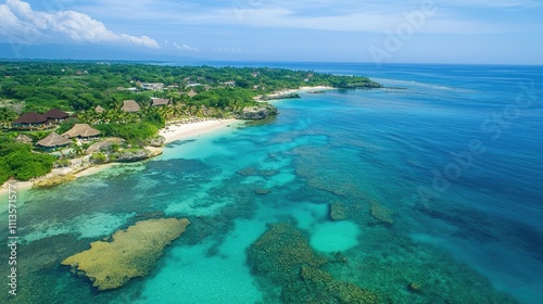 Aerial view captures the beauty of a stunning azure sea and sandy beach alongside the shallow waters of a tropical paradise. This summer escape features fine coral reefs and tranquil resort spaces.