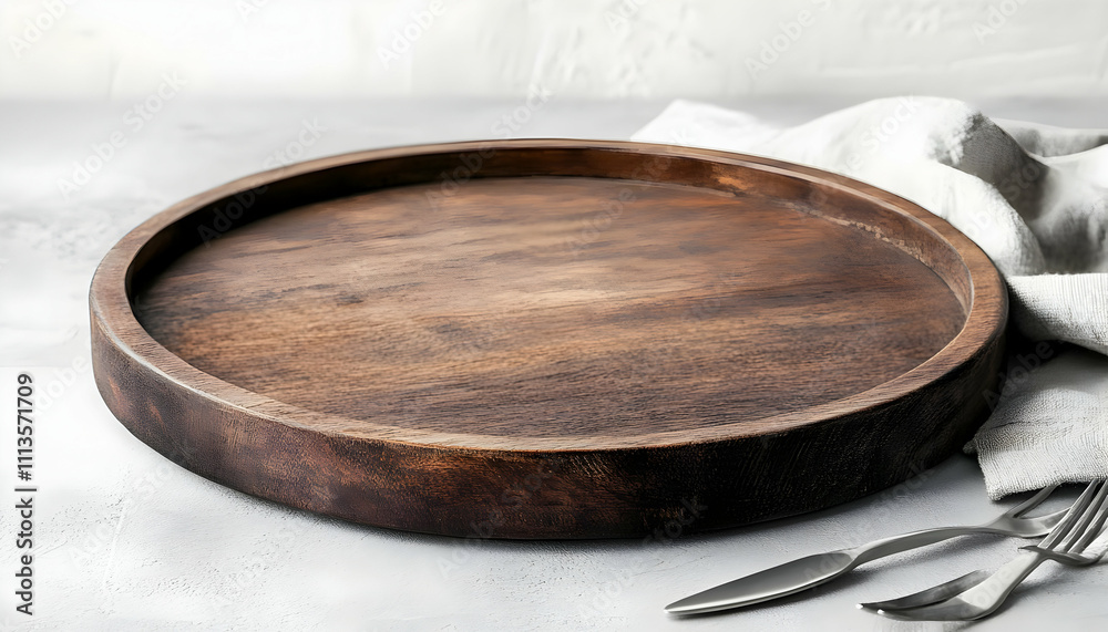 A wooden serving platter on a light surface, accompanied by silver cutlery and a cloth. A wooden serving platter on a light surface, accompanied by silver cutlery and a cloth.