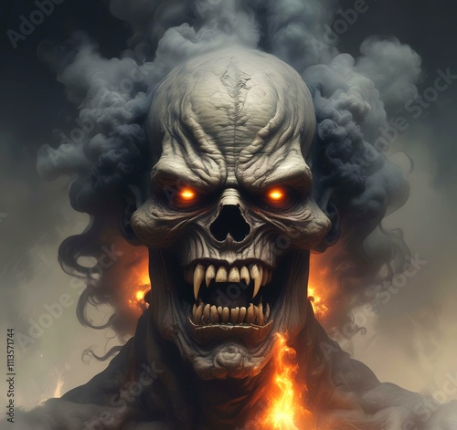 Illustration of devil spooky face in dramatic smoke.