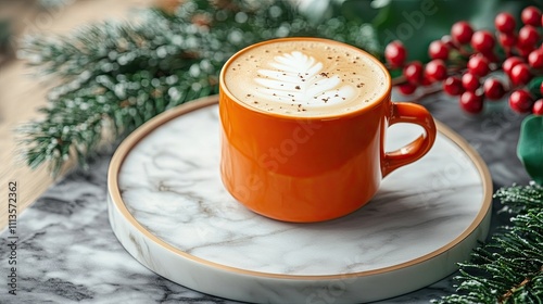 Orange ceramic cup filled with frothy cappuccino alongside green holly branches on a marble tray. Winter morning coffee scene perfect for Christmas breakfast with copy space.
