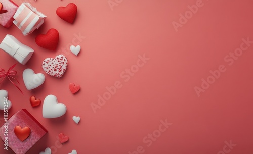 Pink paper hearts scattered on a soft pink background for a festive celebration