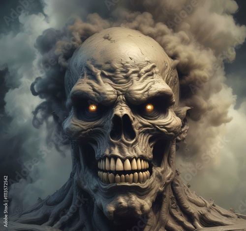 Illustration of devil spooky face in dramatic smoke.