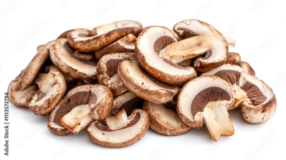 Fresh brown mushroom sliced, arranged on a white background, captures the vibrant texture and earthy color of fresh brown mushrooms, perfect for culinary or packaging use. Fresh brown mushroom sliced, arranged on a white background, captures the vibrant texture and earthy color of fresh brown mushrooms, perfect for culinary or packaging use.