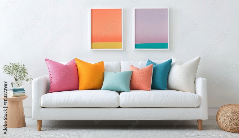 Modern living room with colorful abstract art and cozy seating arrangement Modern living room with colorful abstract art and cozy seating arrangement