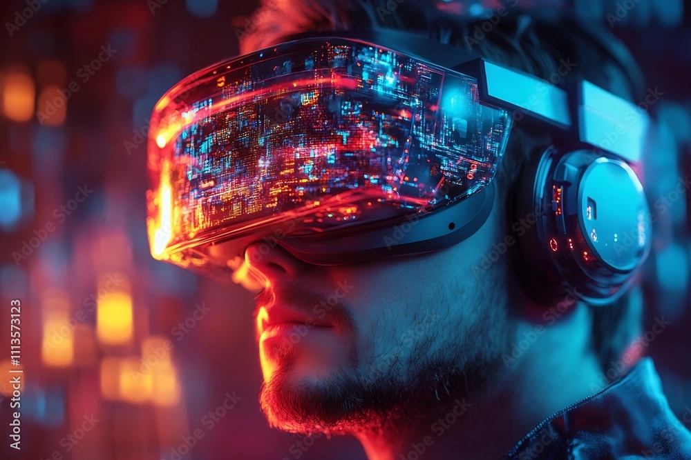 Futuristic virtual reality headset with digital holographic display in abstract environment Futuristic virtual reality headset with digital holographic display in abstract environment