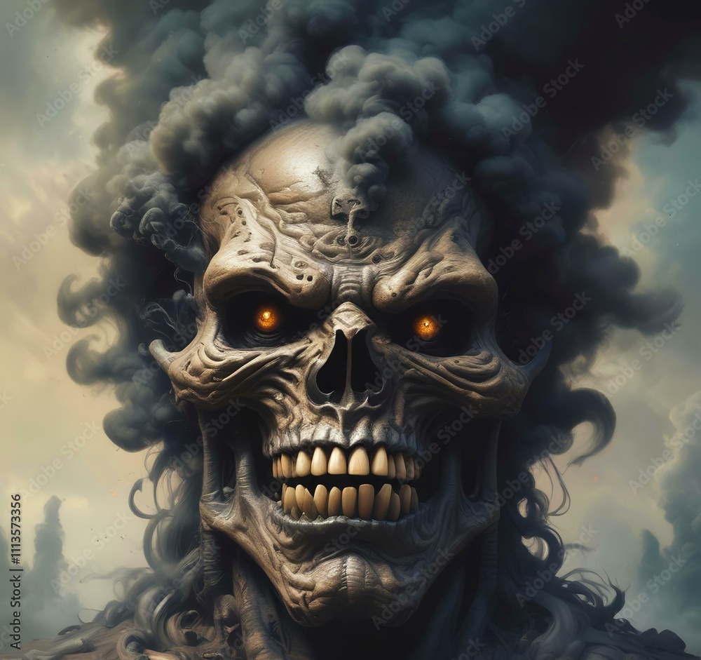 Naklejka premium Illustration of devil spooky face in dramatic smoke.