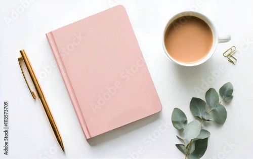 Stylish workspace with a pink notebook coffee cup and greenery on a clean desk