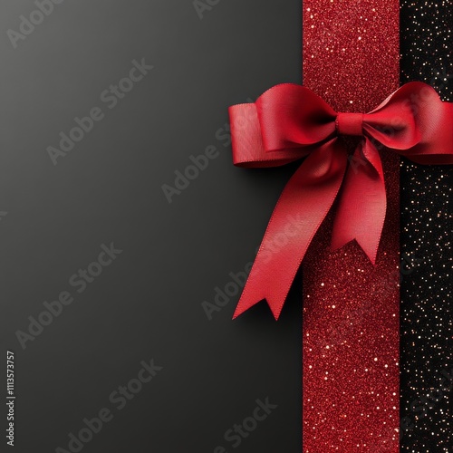 Gift wrapping with red ribbon and sparkling black background during festive s...