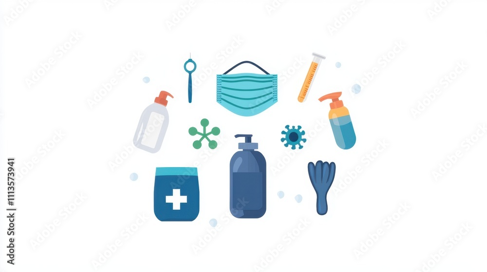 A collection of cleaning and health-related items, including masks, disinfectants, and sanitizers, emphasizing hygiene and safety. A collection of cleaning and health-related items, including masks, disinfectants, and sanitizers, emphasizing hygiene and safety.