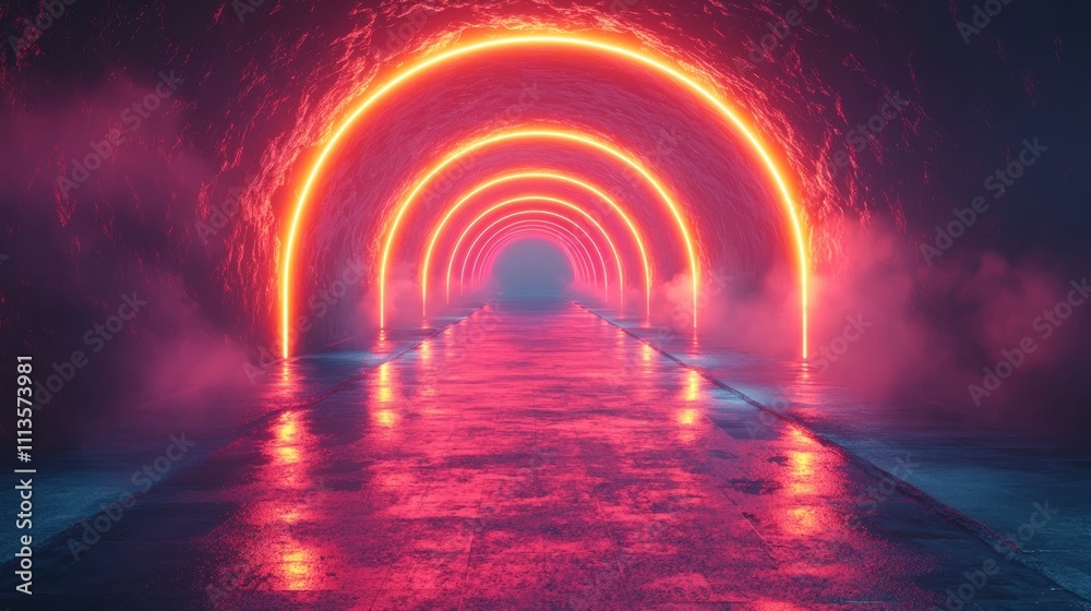Futuristic Neon Lit Tunnel of Glowing Dimensional Passage and Radiant Reflection Futuristic Neon Lit Tunnel of Glowing Dimensional Passage and Radiant Reflection