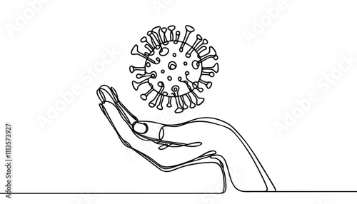 One continuous line illustration of a virus hovering above a hand, isolated on white background.