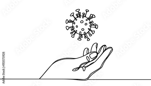 One continuous line illustration of a virus hovering above a hand, isolated on white background.