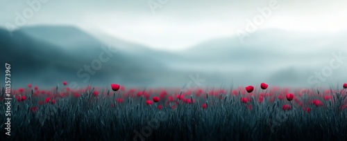 Beautiful poppy field under a dramatic cloudy sky in a serene valley at dawn