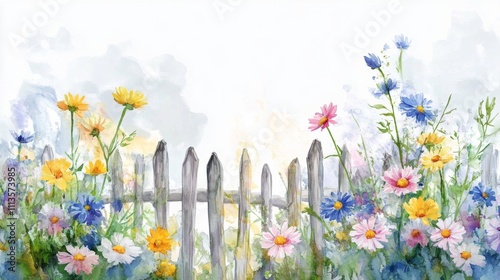 Colorful wildflowers bloom around a rustic white picket fence in a serene gar...