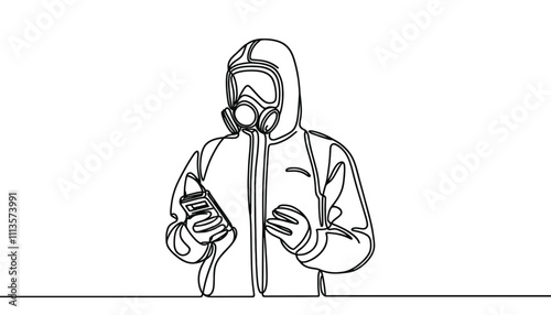  One continuous line illustration of a person in a protective suit holding a dosimeter, isolated on white background.