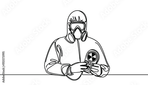  One continuous line illustration of a person in a protective suit holding a dosimeter, isolated on white background.