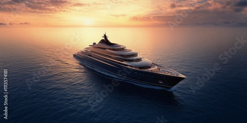 Majestic cruise ship sails through the ocean at sunset near a vibrant horizon