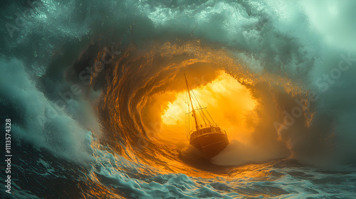 Sailboat Navigating A Giant Ocean Wave At Sunset