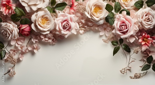 Beautiful floral arrangement with pink roses and delicate blossoms on a neutr...