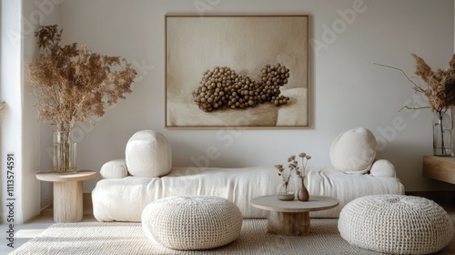Cozy living room featuring artistic decor with grapes and neutral tones