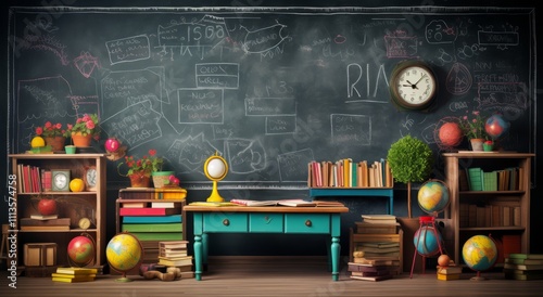 Vibrant classroom with a chalkboard, books, and decorative globes for a creat...