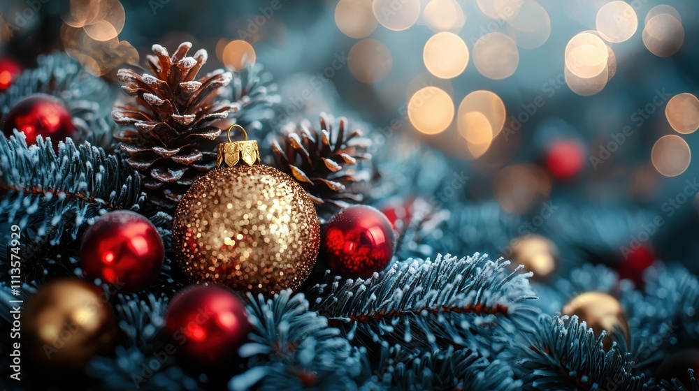 Glittering Christmas Ornaments Adorning Snowy Pine Branches in Festive Wonderland Glittering Christmas Ornaments Adorning Snowy Pine Branches in Festive Wonderland