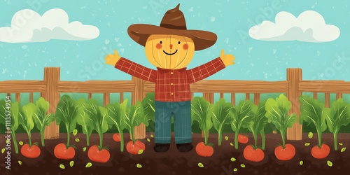 Colorful scarecrow in a vibrant garden surrounded by fresh vegetables and blu...