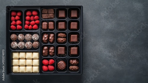 Delightful assortment of chocolates arranged neatly in a dark box for a speci...