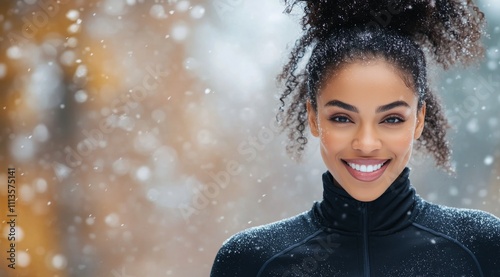 Smiling woman enjoying winter snowfall in a forest setting with blurred backg...