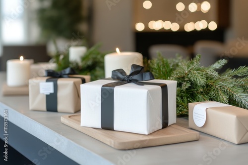 Beautifully wrapped Christmas gifts arranged on a table with festive decorati...