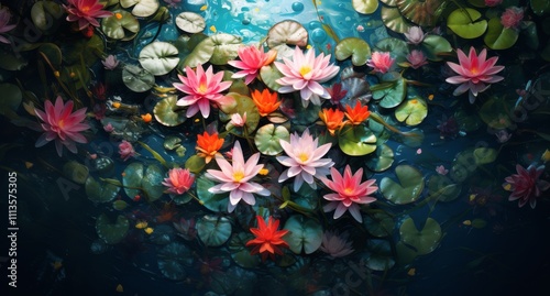 Water lilies bloom in tranquil pond surrounded by green lily pads during sunn...