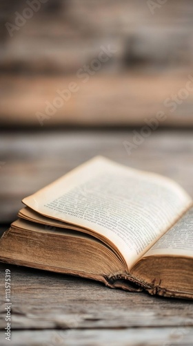 Old open book resting on a wooden surface with soft lighting and natural text...