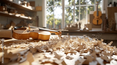 Woodworker s Workspace with Handtools Wood Shavings and Workbench photo