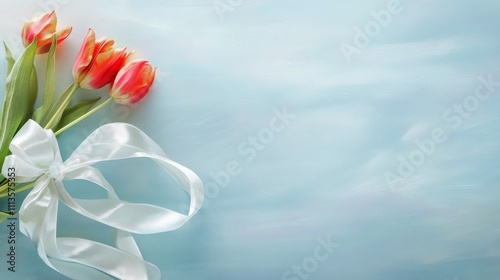 Beautiful bouquet of tulips and babys breath on soft blue background with ribbon