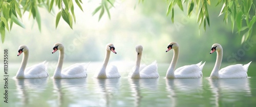 Elegant swans swimming peacefully on a serene lake surrounded by lush greenery